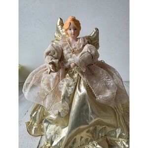 Vintage gold angel figurine Xmas beaded Victorian cherub lace decor statue